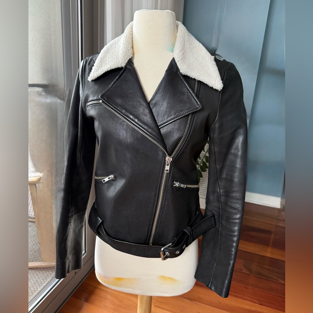 A.L.C. Black Leather Jacket with Cream Collar